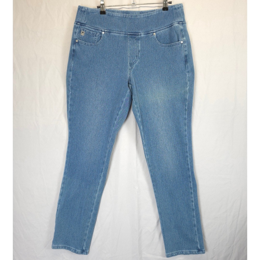 Belle Kim Gravel Pull On Denim Jeans Women 14 Stretch Slim Straight Blue Comfort